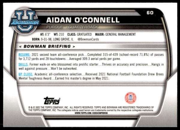 2022 Bowman University Chrome Aidan O'Connell #60 (Back)