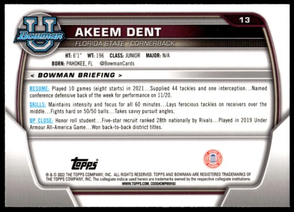 2022 Bowman University Chrome Akeem Dent #13 (Back)