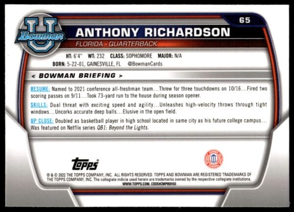 2022 Bowman University Chrome Anthony Richardson #65 (Back)