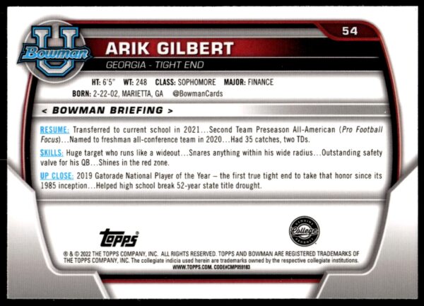 2022 Bowman University Chrome Arik Gilbert #54 (Back)