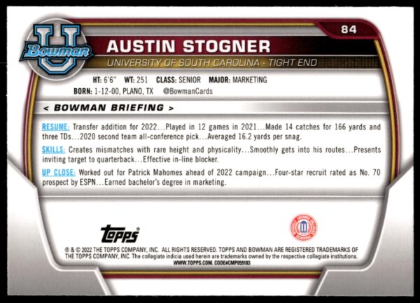 2022 Bowman University Chrome Austin Stogner #84 (Back)