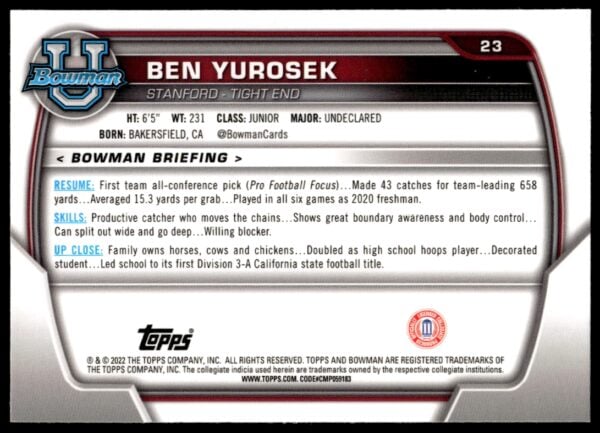 2022 Bowman University Chrome Ben Yurosek #23 (Back)