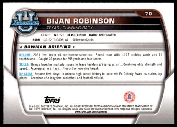 2022 Bowman University Chrome Bijan Robinson #70 (Back)