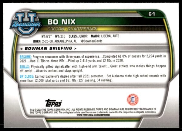 2022 Bowman University Chrome Bo Nix #61 (Back)