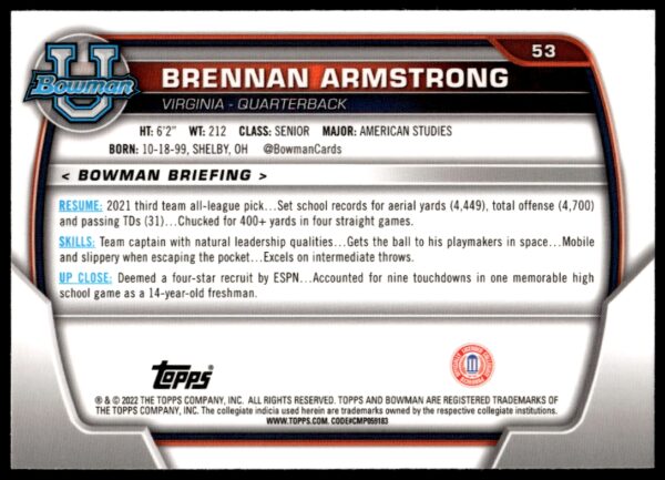 2022 Bowman University Chrome Brennan Armstrong #53 (Back)