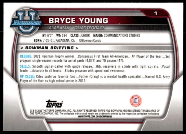 2022 Bowman University Chrome Bryce Young #1 (Back)