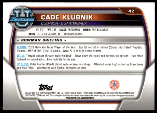 2022 Bowman University Chrome Cade Klubnik #42 (Back)