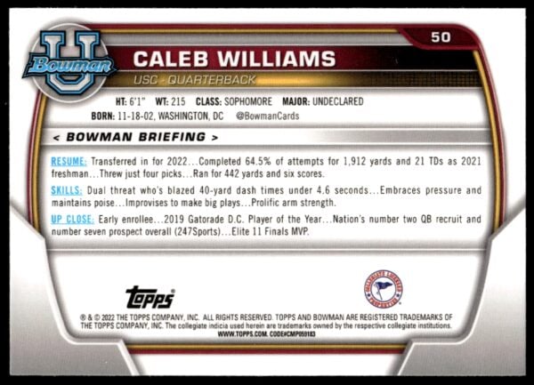 2022 Bowman University Chrome Caleb Williams #50 (Back)