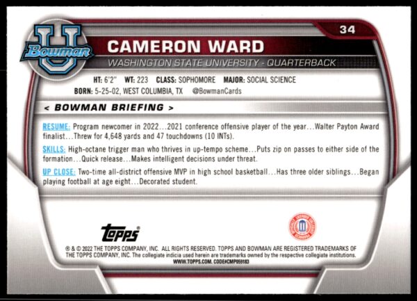 2022 Bowman University Chrome Cameron Ward #34 (Back)