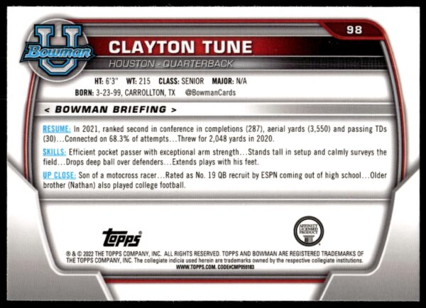 2022 Bowman University Chrome Clayton Tune #98 (Back)