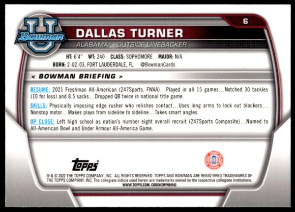 2022 Bowman University Chrome Dallas Turner #6 (Back)