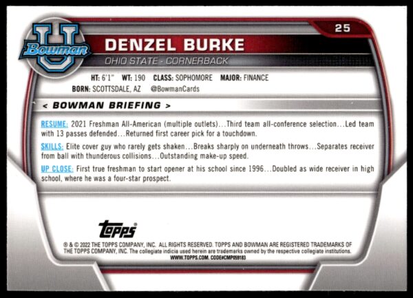 2022 Bowman University Chrome Denzel Burke #25 (Back)