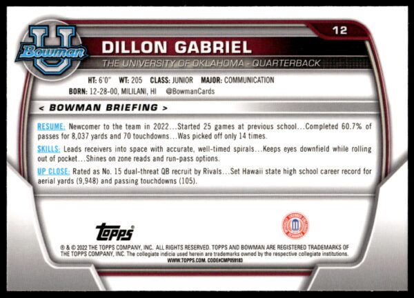 2022 Bowman University Chrome Dillon Gabriel #12 (Back)