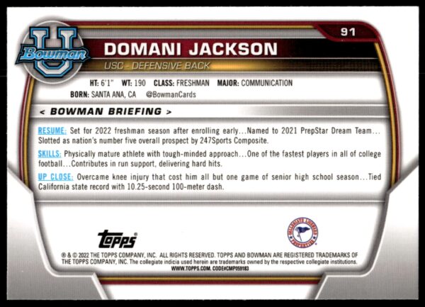 2022 Bowman University Chrome Domani Jackson #91 (Back)