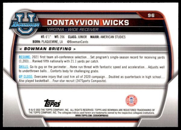 2022 Bowman University Chrome Dontayvion Wicks #96 (Back)