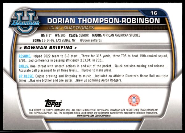 2022 Bowman University Chrome Dorian Thompson-Robinson #16 (Back)