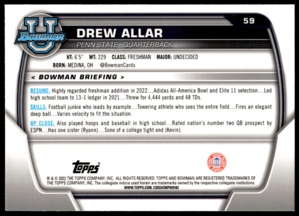 2022 Bowman University Chrome Drew Allar #59 (Back)