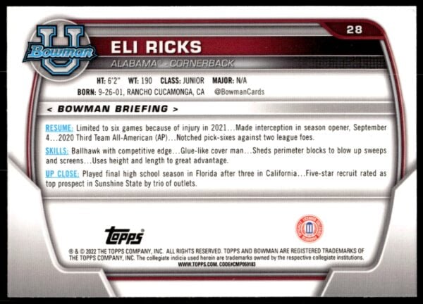 2022 Bowman University Chrome Eli Ricks #28 (Back)