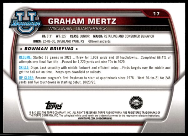 2022 Bowman University Chrome Graham Mertz #17 (Back)