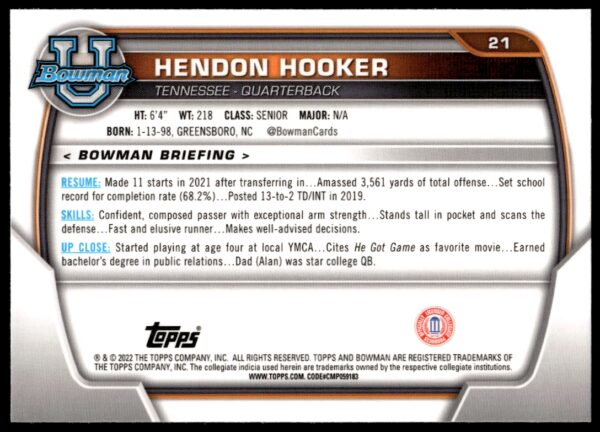 2022 Bowman University Chrome Hendon Hooker #21 (Back)