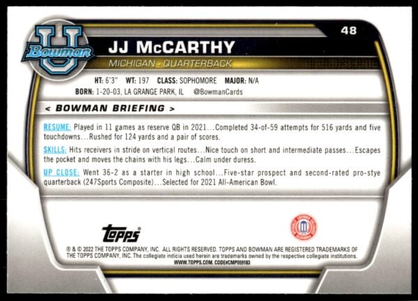 2022 Bowman University Chrome JJ McCarthy #48 (Back)