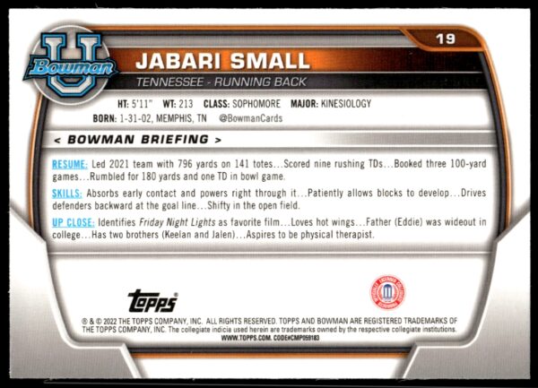 2022 Bowman University Chrome Jabari Small #19 (Back)