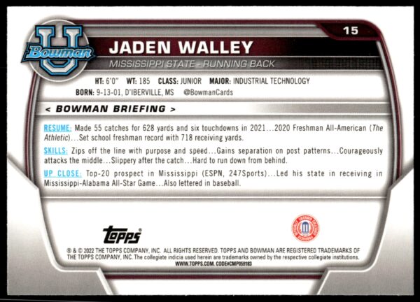 2022 Bowman University Chrome Jaden Walley #15 (Back)