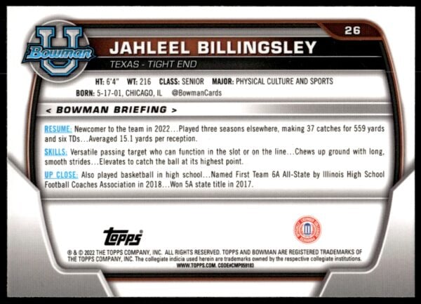 2022 Bowman University Chrome Jahleel Billingsley #26 (Back)