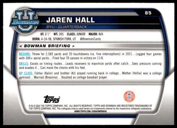 2022 Bowman University Chrome Jaren Hall #85 (Back)