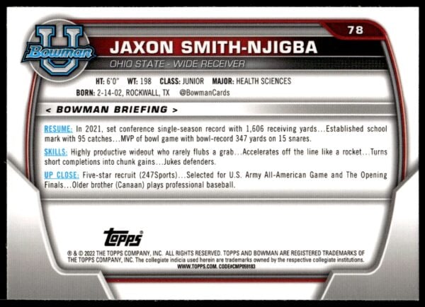 2022 Bowman University Chrome Jaxon Smith-Njigba #78 (Back)