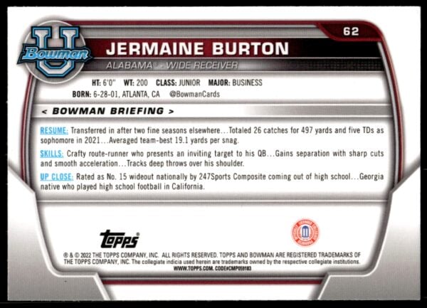 2022 Bowman University Chrome Jermaine Burton #62 (Back)