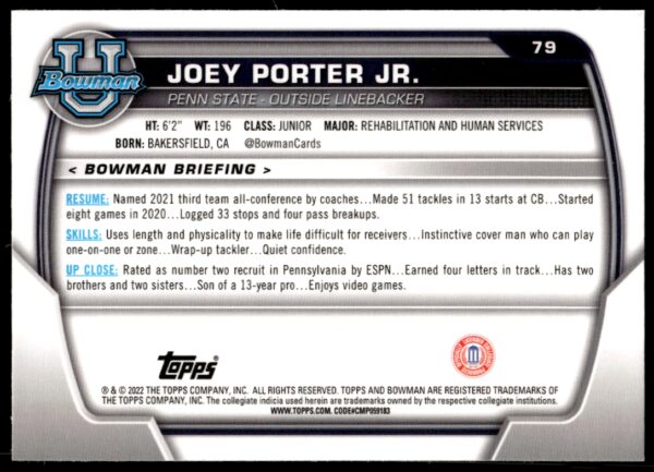 2022 Bowman University Chrome Joey Porter Jr. #79 (Back)