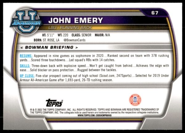 2022 Bowman University Chrome John Emery #67 (Back)