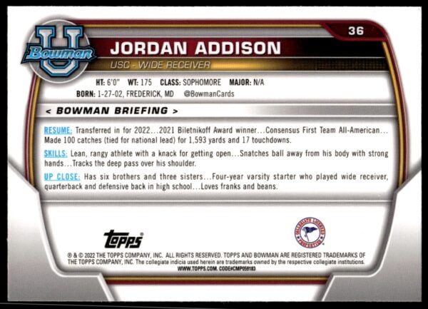 2022 Bowman University Chrome Jordan Addison #36 (Back)