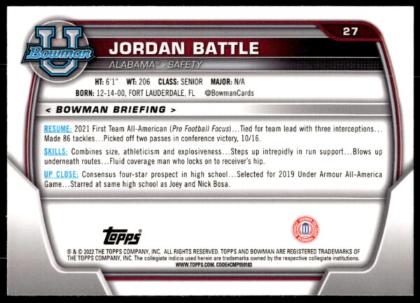 2022 Bowman University Chrome Jordan Battle #27 (Back)