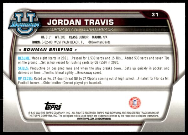 2022 Bowman University Chrome Jordan Travis #31 (Back)