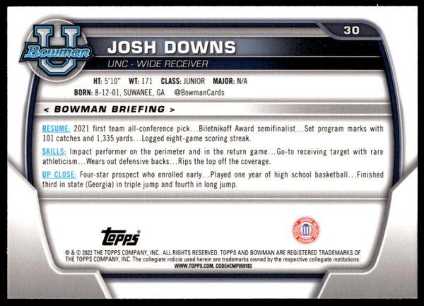 2022 Bowman University Chrome Josh Downs #30 (Back)