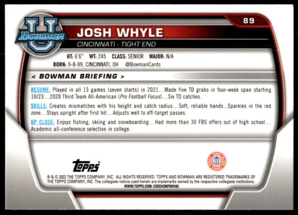 2022 Bowman University Chrome Josh Whyle #89 (Back)