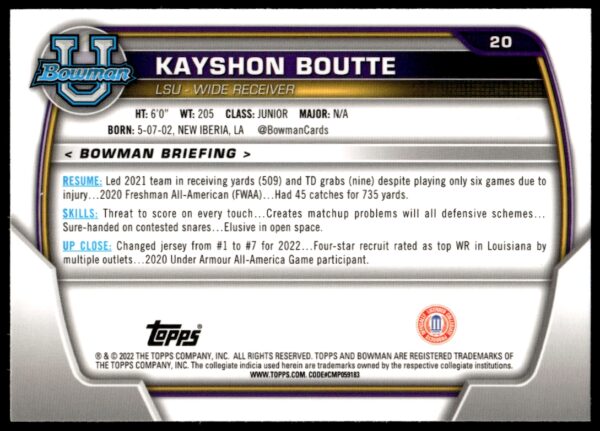 2022 Bowman University Chrome Kayshon Boutte #20 (Back)