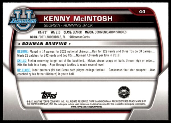 2022 Bowman University Chrome Kenny McIntosh #44 (Back)