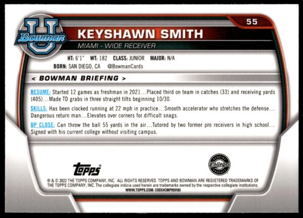 2022 Bowman University Chrome Keyshawn Smith #55 (Back)