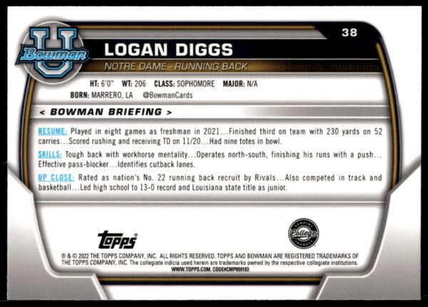 2022 Bowman University Chrome Logan Diggs #38 (Back)