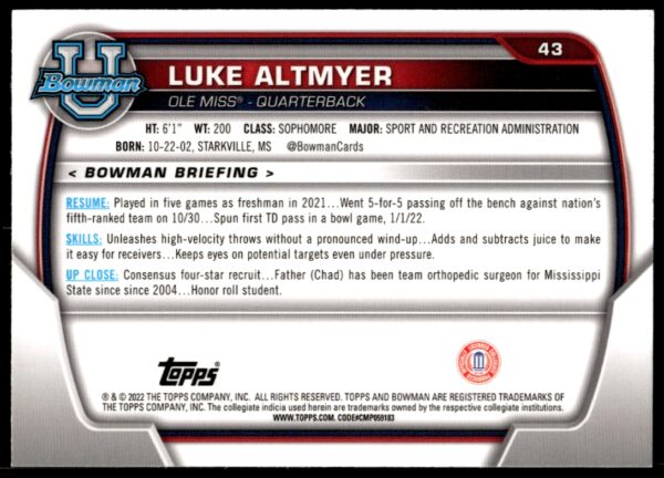 2022 Bowman University Chrome Luke Altmyer #43 (Back)