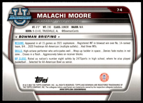 2022 Bowman University Chrome Malachi Moore #74 (Back)