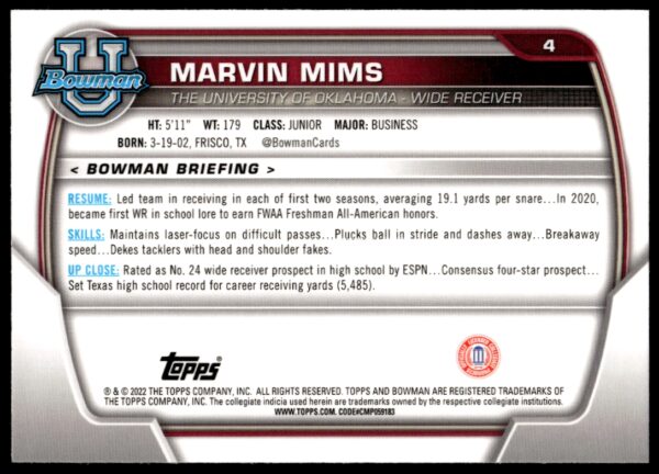 2022 Bowman University Chrome Marvin Mims #4 (Back)