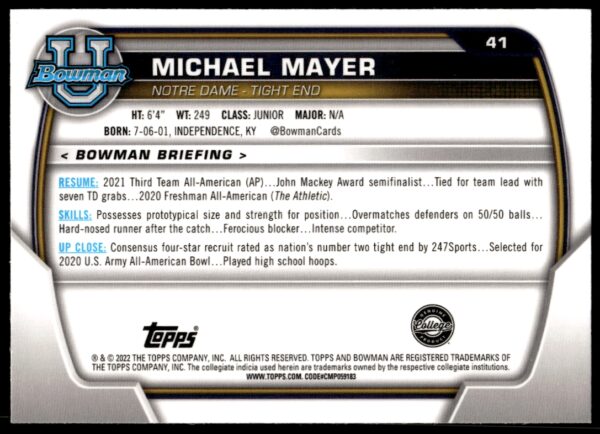 2022 Bowman University Chrome Michael Mayer #41 (Back)