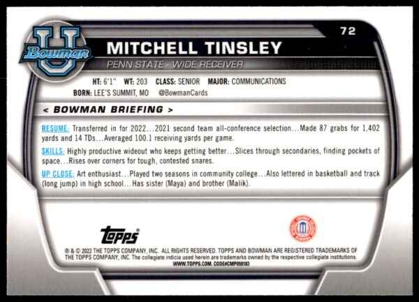 2022 Bowman University Chrome Mitchell Tinsley #72 (Back)