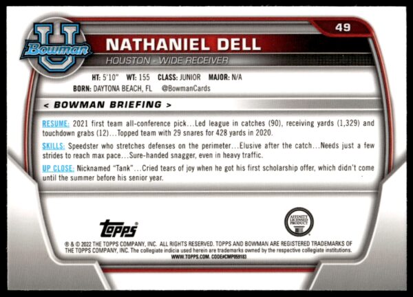 2022 Bowman University Chrome Nathaniel Dell #49 (Back)