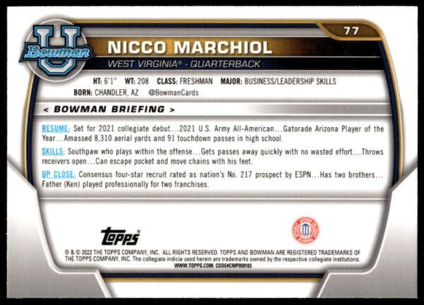 2022 Bowman University Chrome Nicco Marchiol #77 (Back)