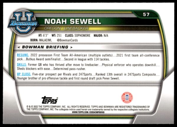 2022 Bowman University Chrome Noah Sewell #57 (Back)